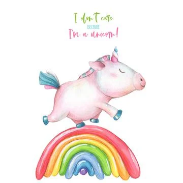 A cute unicorn is running on the rainbow. Stock Illustration