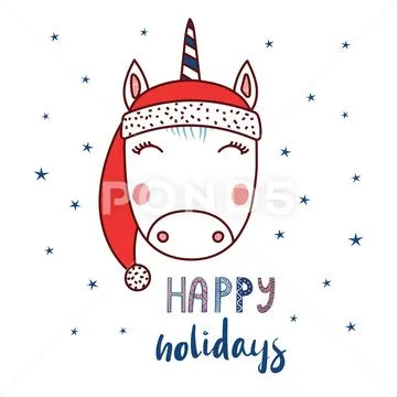 Cute unicorn in a Santa hat Stock Illustration
