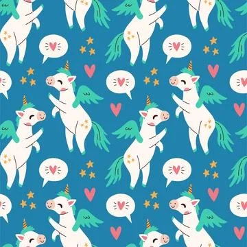 Cute unicorn seamless pattern on blue background. Vector for birthday Illustrazione stock