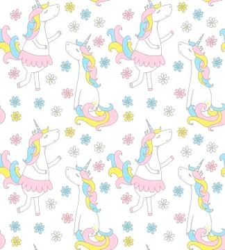 Cute unicorn seamless pattern with flowers, vector Stock Illustration