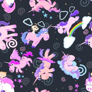Cute unicorn seamless pattern, magic pegasus flying with wing and horn on Stock Illustration