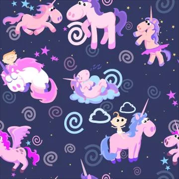 Cute unicorn seamless pattern, magic pegasus flying with wing and horn on Illustrazione stock