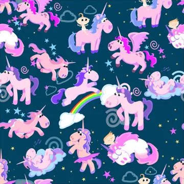 Cute unicorn seamless pattern, magic pegasus flying with wing and horn on Stock Illustration