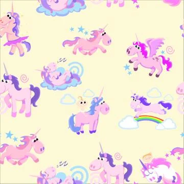 Cute unicorn seamless pattern, magic pegasus flying with wing and horn on Illustrazione stock