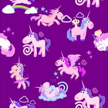 Cute unicorn seamless pattern, magic pegasus flying with wing and horn on Stock Illustration