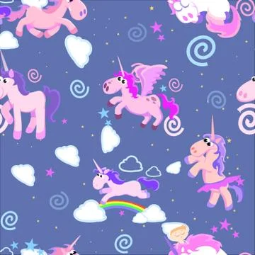 Cute unicorn seamless pattern, magic pegasus flying with wing and horn on Illustrazione stock