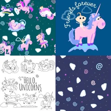 Cute unicorn seamless pattern, magic pegasus flying with wing and horn on Stock Illustration