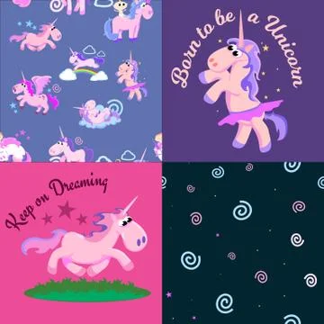 Cute unicorn seamless pattern, magic pegasus flying with wing and horn on Stock Illustration