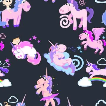 Cute unicorn seamless pattern, magic pegasus flying with wing and horn on Illustrazione stock