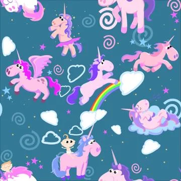 Cute unicorn seamless pattern, magic pegasus flying with wing and horn on Illustrazione stock
