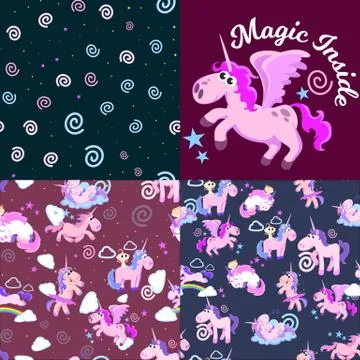 Cute unicorn seamless pattern, magic pegasus flying with wing and horn on Illustrazione stock