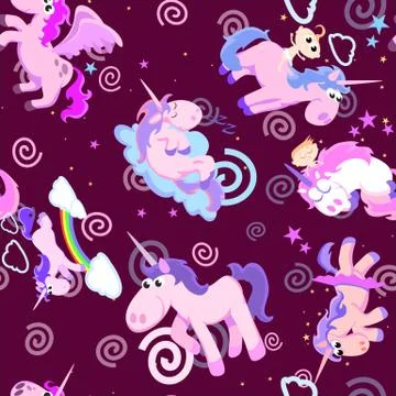 Cute unicorn seamless pattern, magic pegasus flying with wing and horn on Stock Illustration