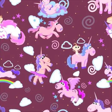 Cute unicorn seamless pattern, magic pegasus flying with wing and horn on Stock Illustration