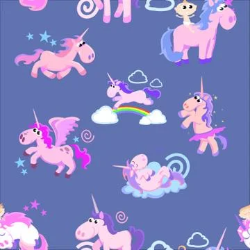 Cute unicorn seamless pattern, magic pegasus flying with wing and horn on Stock Illustration