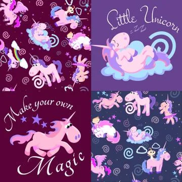 Cute unicorn seamless pattern, magic pegasus flying with wing and horn on Stock Illustration