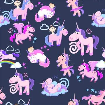 Cute unicorn seamless pattern, magic pegasus flying with wing and horn on Stock Illustration
