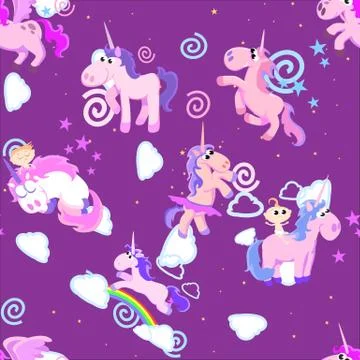 Cute unicorn seamless pattern, magic pegasus flying with wing and horn on Stock Illustration