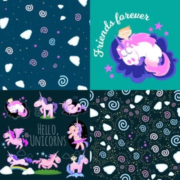 Cute unicorn seamless pattern, magic pegasus flying with wing and horn on Illustrazione stock