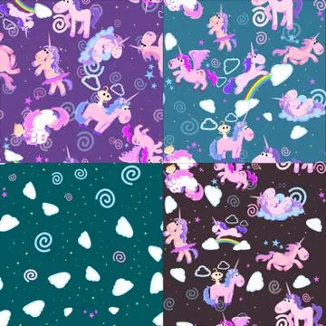 Cute unicorn seamless pattern, magic pegasus flying with wing and horn on Illustrazione stock