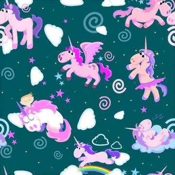 Cute unicorn seamless pattern, magic pegasus flying with wing and horn on Stock Illustration