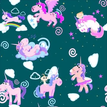 Cute unicorn seamless pattern, magic pegasus flying with wing and horn on Illustrazione stock