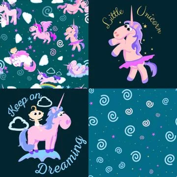 Cute unicorn seamless pattern, magic pegasus flying with wing and horn on Illustrazione stock