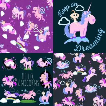 Cute unicorn seamless pattern, magic pegasus flying with wing and horn on Stock Illustration