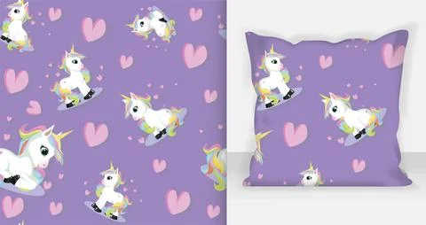 Cute Unicorn Seamless Pattern Vector Illustration - Purple Background 스톡 일러스트