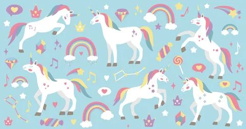 Cute unicorn set. Vector characters for birthday, invitation, baby shower card Stock Illustration