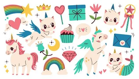 Cute unicorn set on white background. Vector illustration for birthday Stock Illustration