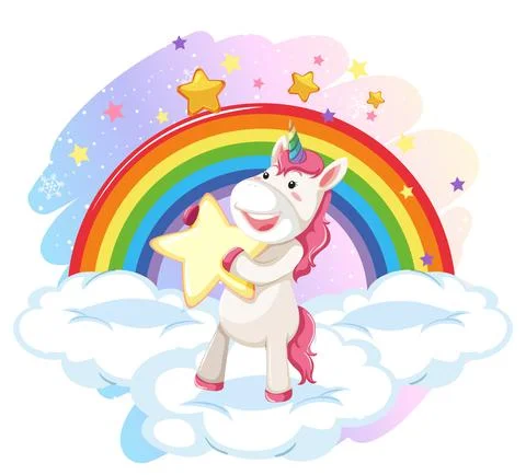 Cute unicorn sitting on a cloud with rainbow Stockillustratie