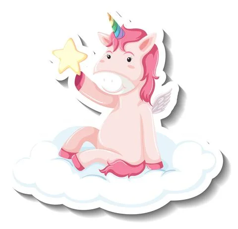 Cute unicorn sitting on the cloud on white background 库存插图