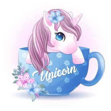 Cute unicorn sitting inside cup illustration Stock Illustration