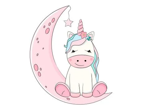 Cute unicorn sitting on the moon. Vector illustration. Stock Illustration