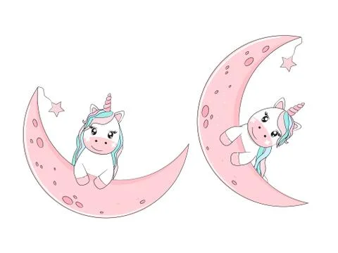 Cute unicorn sitting on the moon. Vector illustration. Stock Illustration