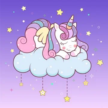 Cute unicorn sleeping on cloud with stars. Stock Illustration