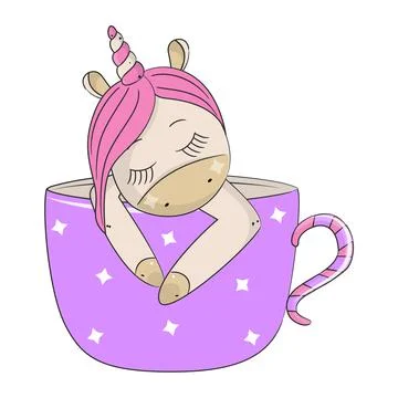 Cute unicorn sleeping in the cup. Vector illustration. Stock Illustration