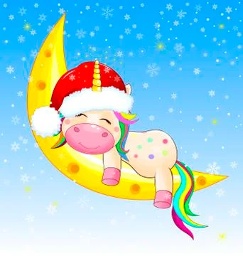Cute unicorn sleeping on the moon Stock Illustration