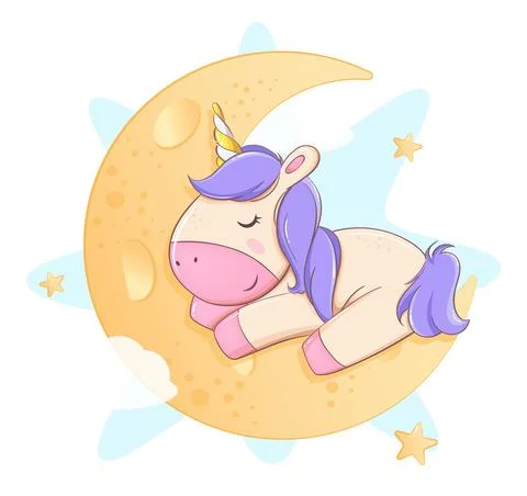 Cute unicorn sleeping on the moon Stock Illustration