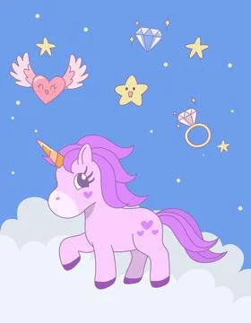 Cute unicorn standing on the cloud with star in the sky. Vector design illu.. Stock Illustration