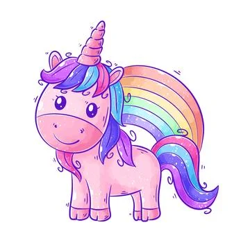 Cute unicorn standing in front of rainbow cartoon vector Stock Illustration