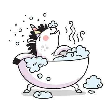 Cute unicorn takes a bubble bath vector doodle illustration Stock Illustration