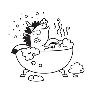 Cute unicorn takes a bubble bath coloring vector illustration Stock Illustration