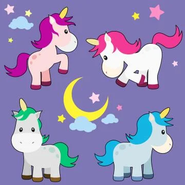 Cute Unicorn Vector Set with Moon and Clouds - blue, green, pink, purple Stock Illustration