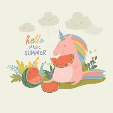Cute unicorn with watermelon Stock Illustration