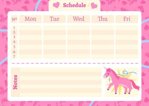 Cute Unicorn Weekly Schedule Planner for Kids Cartoon Template Stock Illustration