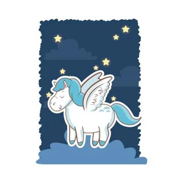 Cute unicorn wings over cloud night star poster design Ilustração Stock