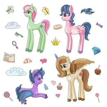 Cute unicorns and magic stuff set Иллюстрация
