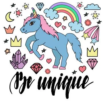 Cute unicorns and other elements. Set of illustrations in hand drawn, doodl.. Stock Illustration