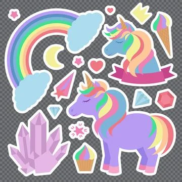 Cute unicorns and other elements. Set of stickers on background Stock Illustration
